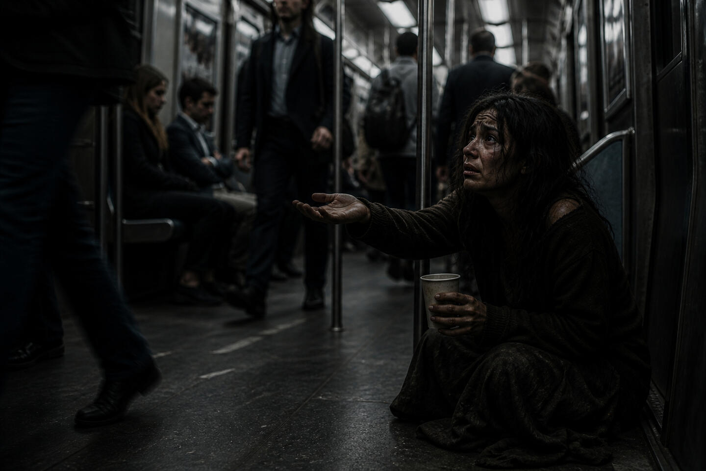 Woman sitting on the floor of a subway, surrounded by people, appearing isolated.