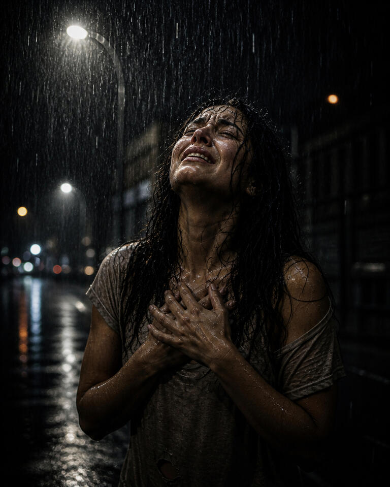 Breaking Point What was buried too long finally finds its way out. Woman standing in the rain at night, crying with hands over her chest.