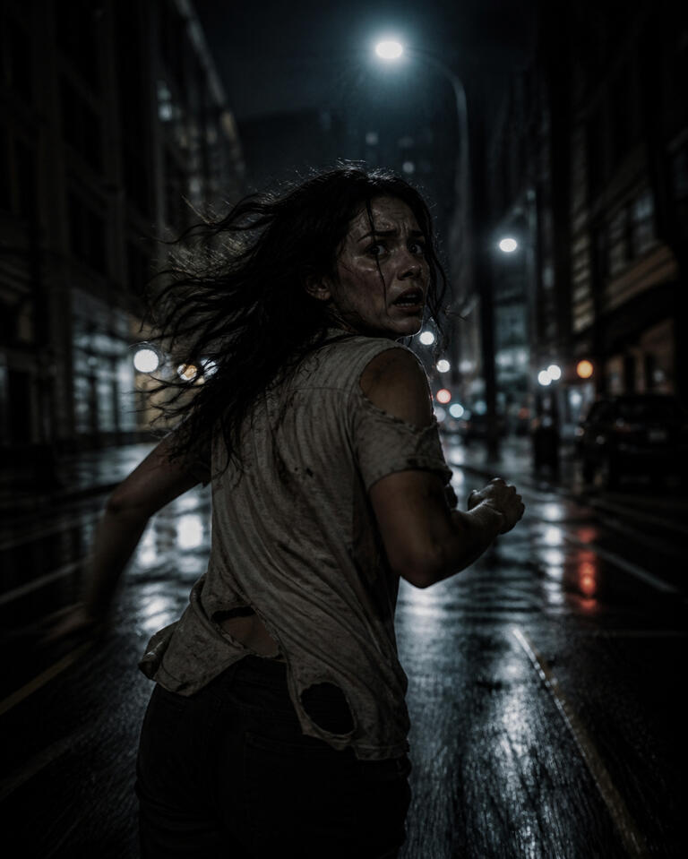 Woman running alone at night on a wet street, looking back with fear, suggesting danger and urgency.