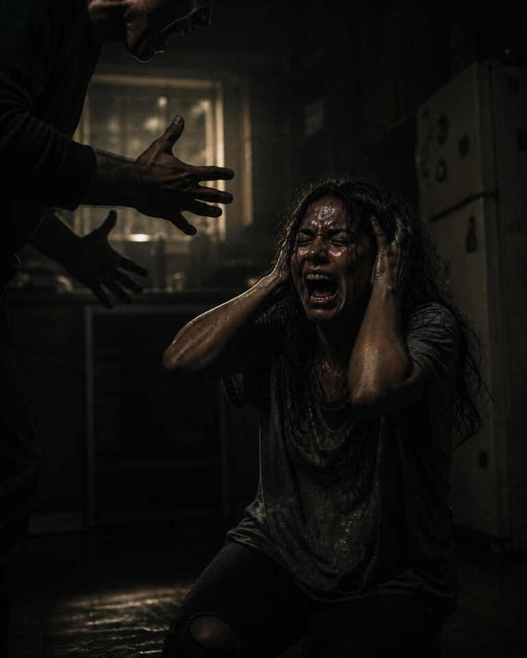 Woman screaming in distress while another person reaches toward her, suggesting fear and confrontation.